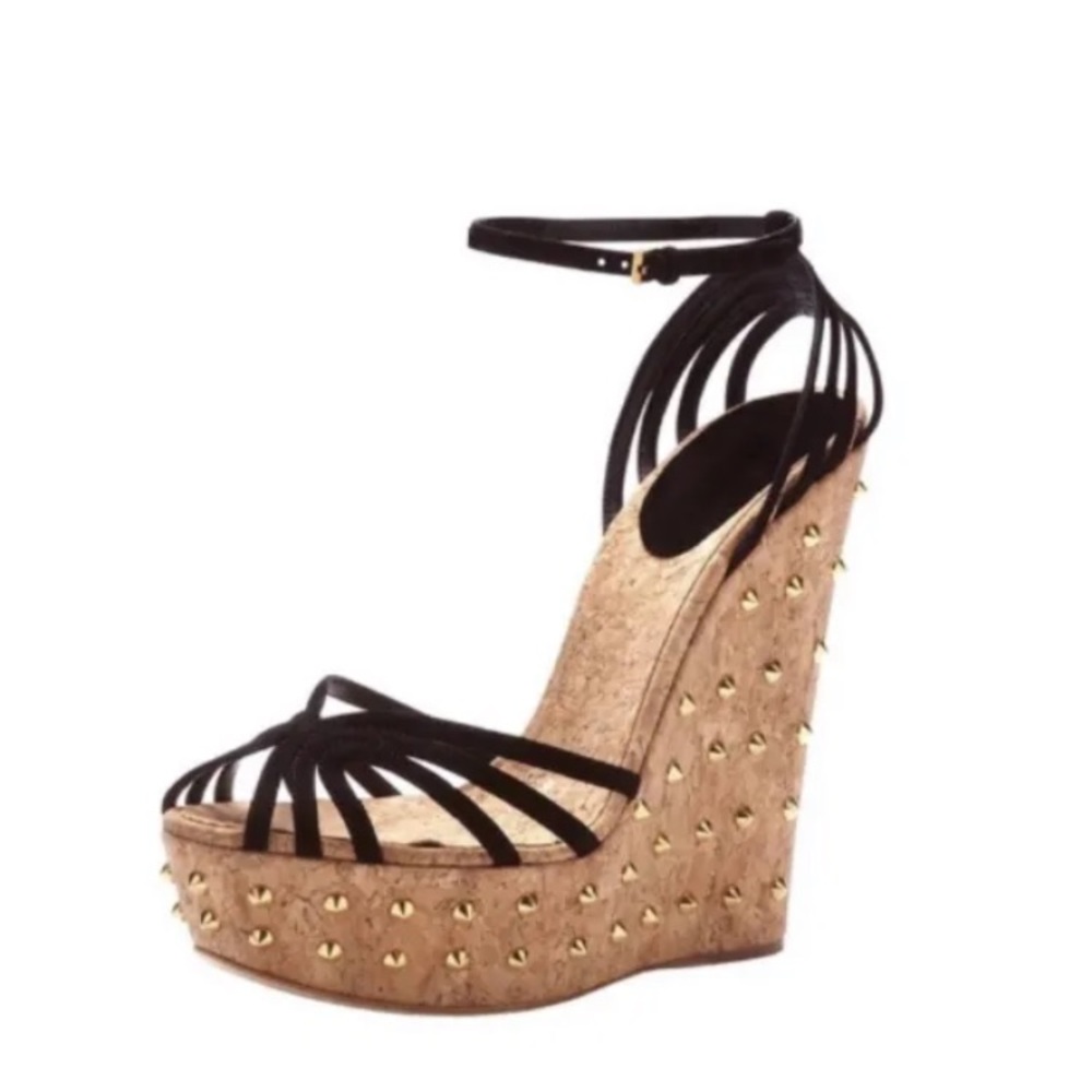*SOLD* Gucci Black Suede Studded Cork Wedges-38